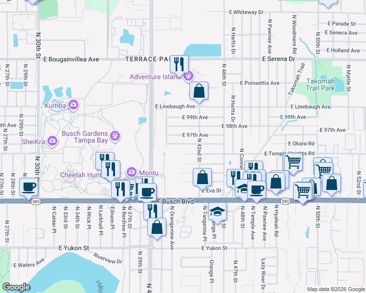 map of restaurants, bars, coffee shops, grocery stores, and more near 4122 East Temple Heights Road in Tampa