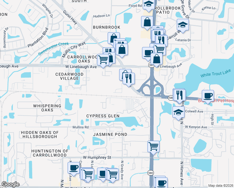 map of restaurants, bars, coffee shops, grocery stores, and more near 4106 Gauge Line Loop in Tampa