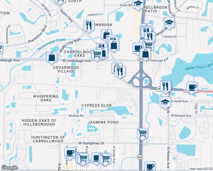 map of restaurants, bars, coffee shops, grocery stores, and more near 9426 Lazy Lane in Tampa