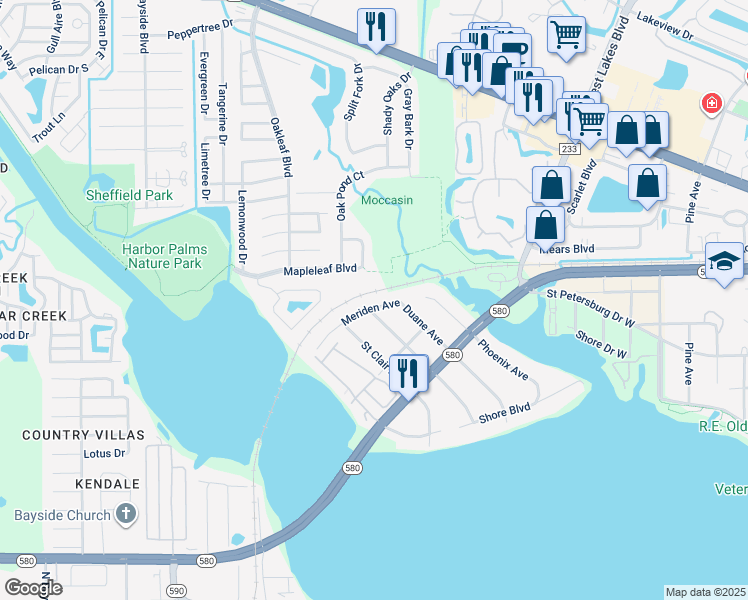 map of restaurants, bars, coffee shops, grocery stores, and more near 3653 Meriden Avenue in Oldsmar