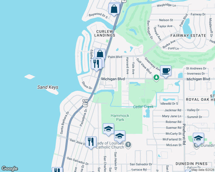 map of restaurants, bars, coffee shops, grocery stores, and more near 31 River Side Drive in Dunedin