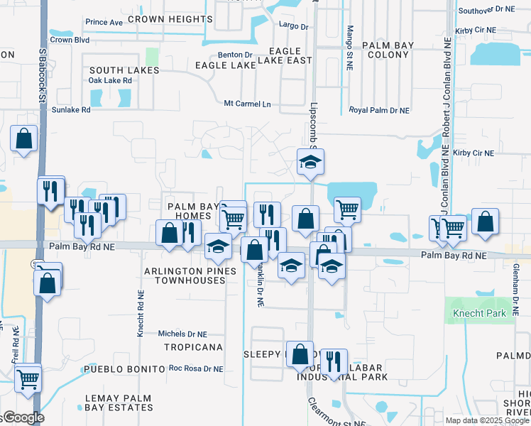 map of restaurants, bars, coffee shops, grocery stores, and more near 3812 Vista Oaks Circle Northeast in Palm Bay