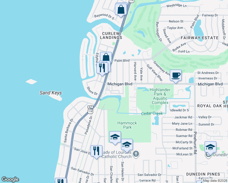 map of restaurants, bars, coffee shops, grocery stores, and more near 605 Michigan Boulevard in Dunedin