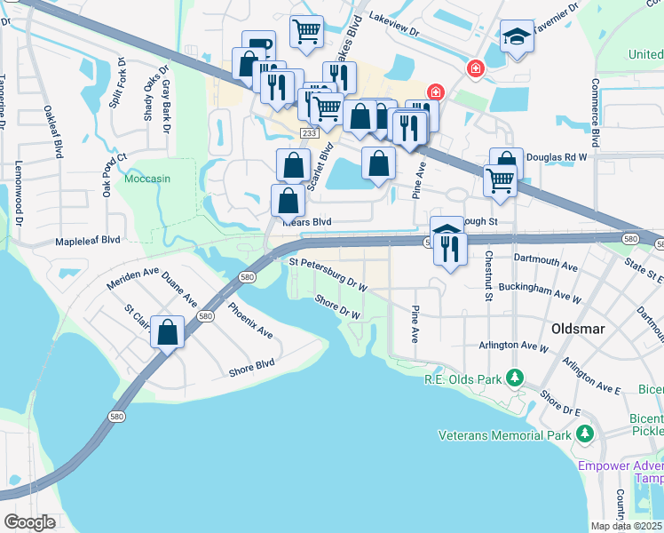 map of restaurants, bars, coffee shops, grocery stores, and more near 900 Saint Petersburg Drive West in Oldsmar