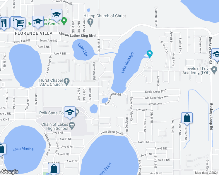 map of restaurants, bars, coffee shops, grocery stores, and more near 702 Country Lane Northeast in Winter Haven