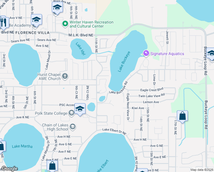 map of restaurants, bars, coffee shops, grocery stores, and more near 105 Country Lane Northeast in Winter Haven