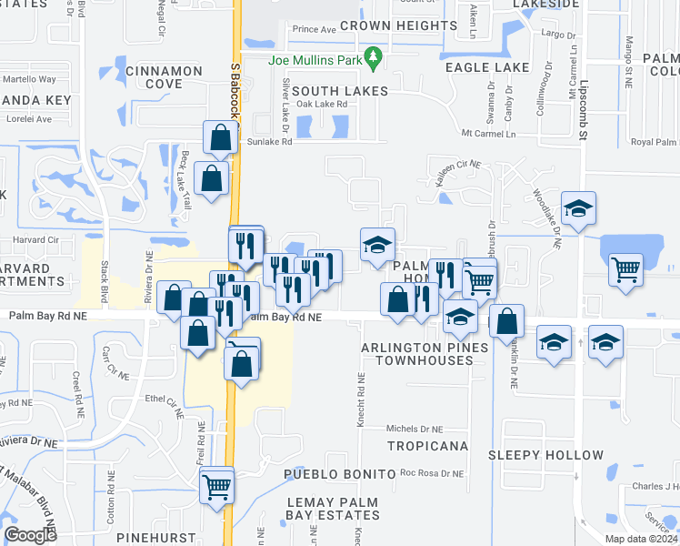 map of restaurants, bars, coffee shops, grocery stores, and more near 1699 Skippers Way Northeast in Palm Bay