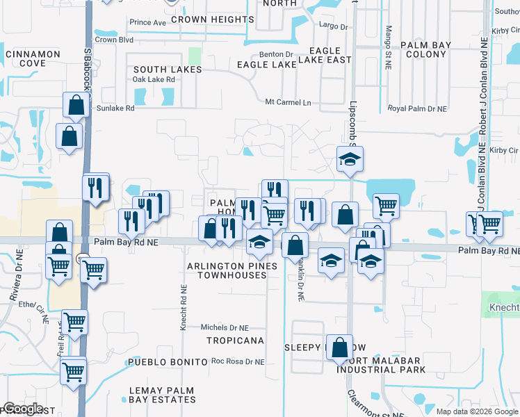 map of restaurants, bars, coffee shops, grocery stores, and more near 2098 Harbor Avenue Northeast in Palm Bay