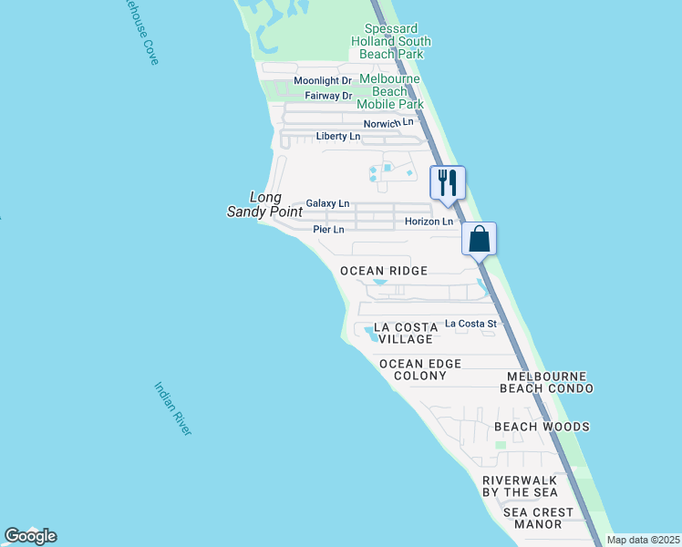 map of restaurants, bars, coffee shops, grocery stores, and more near 251 Ocean Ridge Drive in Melbourne Beach