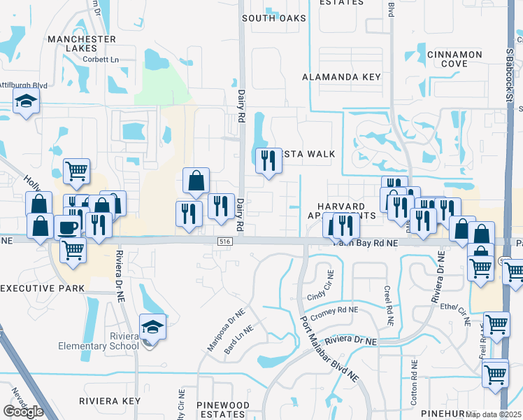 map of restaurants, bars, coffee shops, grocery stores, and more near 4881 Dairy Road in Melbourne