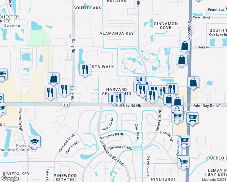 map of restaurants, bars, coffee shops, grocery stores, and more near 695 Short Hills Lane in Melbourne