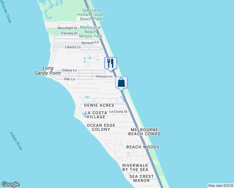 map of restaurants, bars, coffee shops, grocery stores, and more near 127 Ocean Ridge Drive in Melbourne Beach