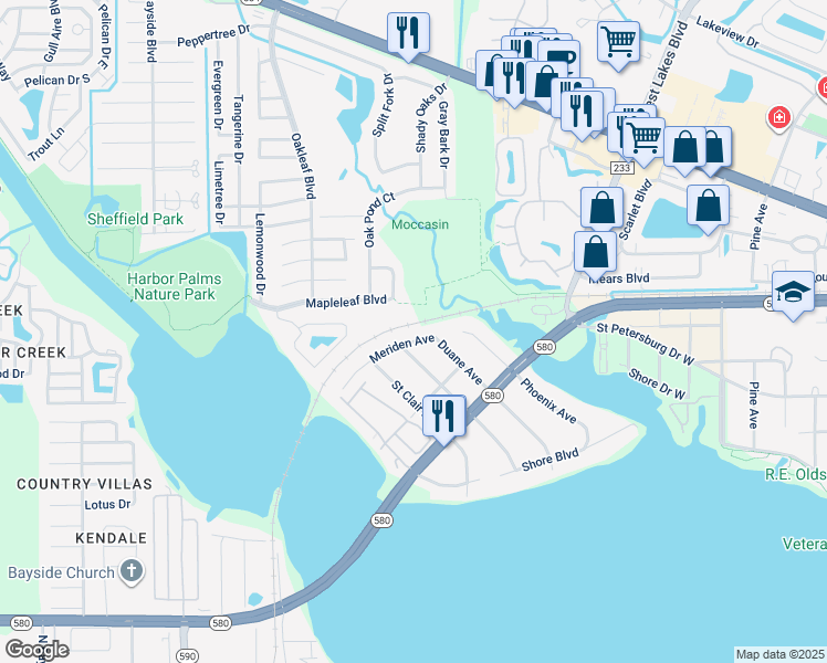 map of restaurants, bars, coffee shops, grocery stores, and more near 3653 Meriden Avenue in Oldsmar