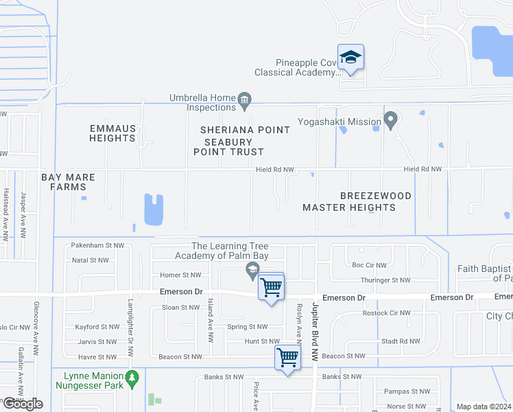 map of restaurants, bars, coffee shops, grocery stores, and more near 1539 Pinetree Lane Northwest in Palm Bay