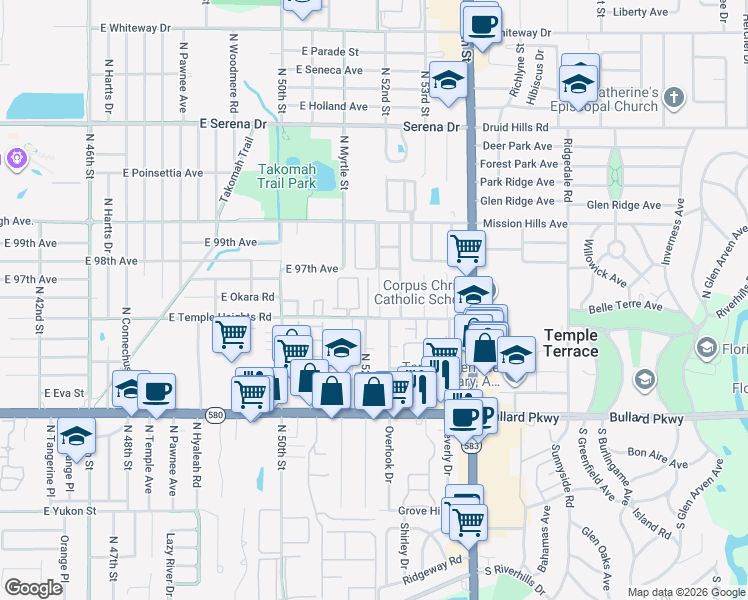 map of restaurants, bars, coffee shops, grocery stores, and more near 5256 Tennis Court Circle in Tampa