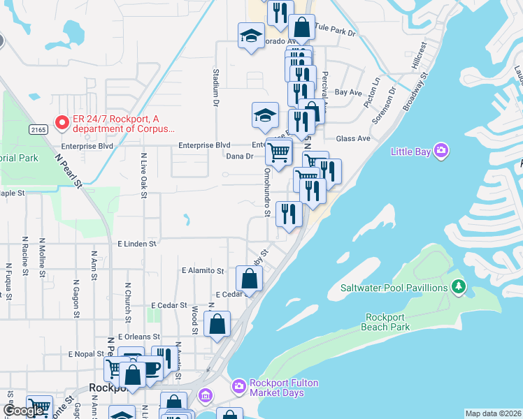 map of restaurants, bars, coffee shops, grocery stores, and more near 1225 Omohundro Street in Rockport