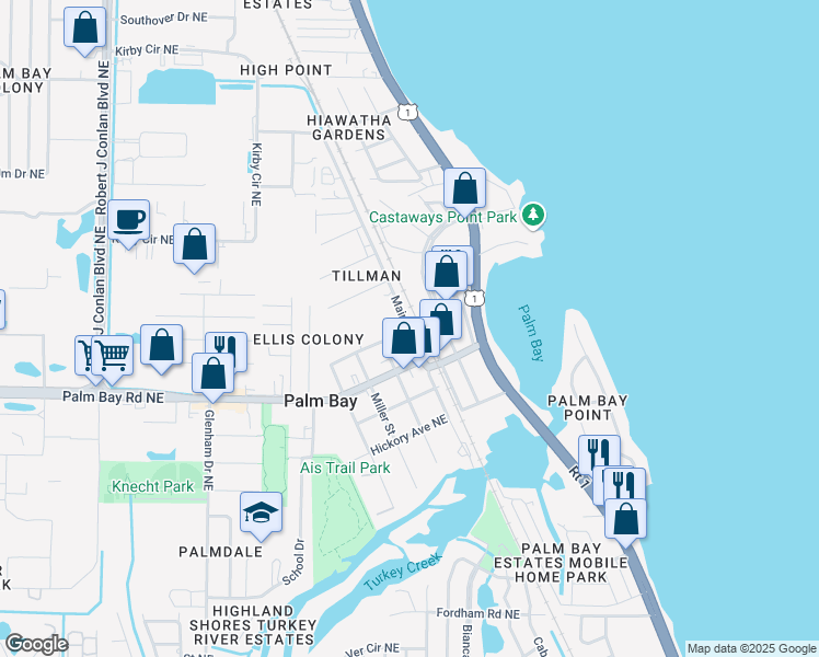 map of restaurants, bars, coffee shops, grocery stores, and more near 2901 Hessey Avenue Northeast in Palm Bay