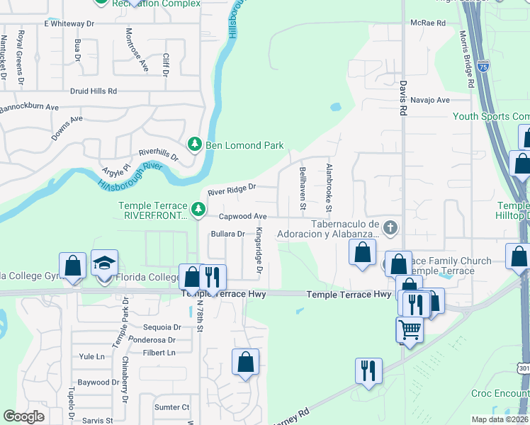 map of restaurants, bars, coffee shops, grocery stores, and more near 7904 Capwood Avenue in Tampa