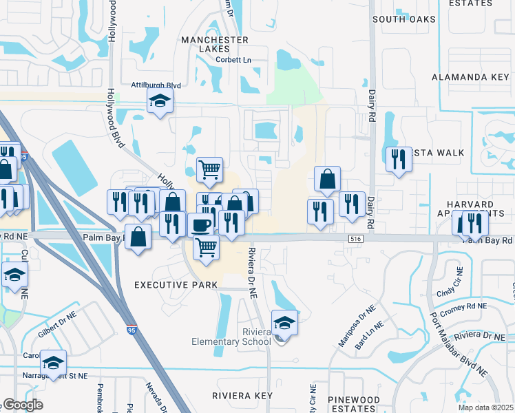 map of restaurants, bars, coffee shops, grocery stores, and more near 918 Aventine Drive in West Melbourne