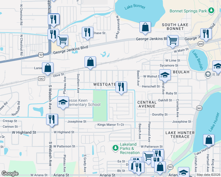 map of restaurants, bars, coffee shops, grocery stores, and more near 1623 Eldorado Drive in Lakeland
