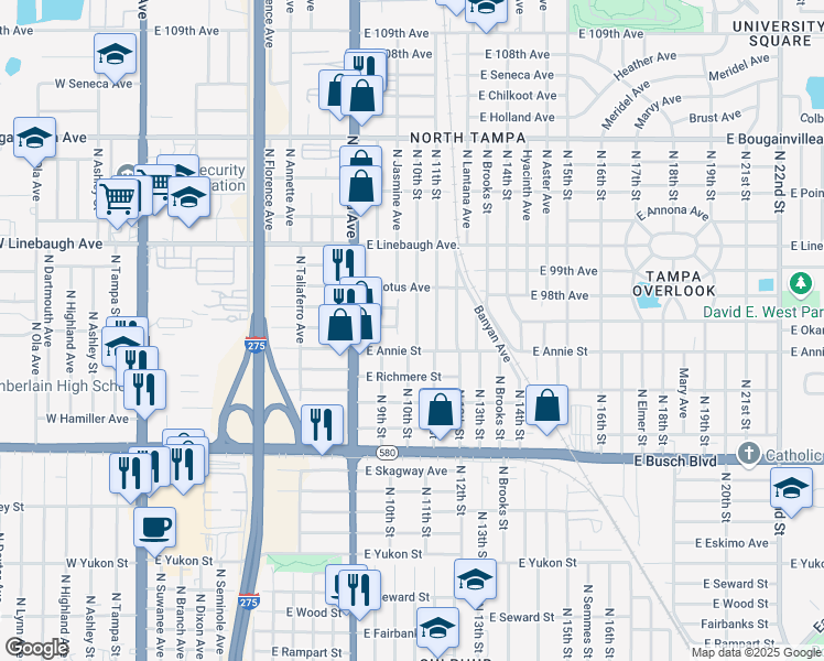 map of restaurants, bars, coffee shops, grocery stores, and more near 9608 North 10th Street in Tampa