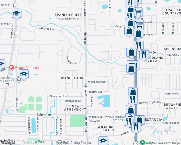 map of restaurants, bars, coffee shops, grocery stores, and more near 3175 Belcher Road in Dunedin
