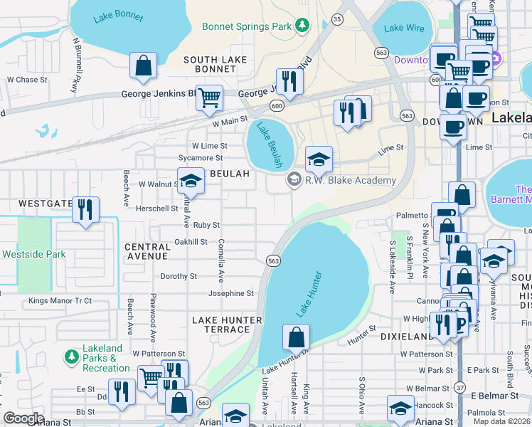 map of restaurants, bars, coffee shops, grocery stores, and more near 615 Navy Drive in Lakeland