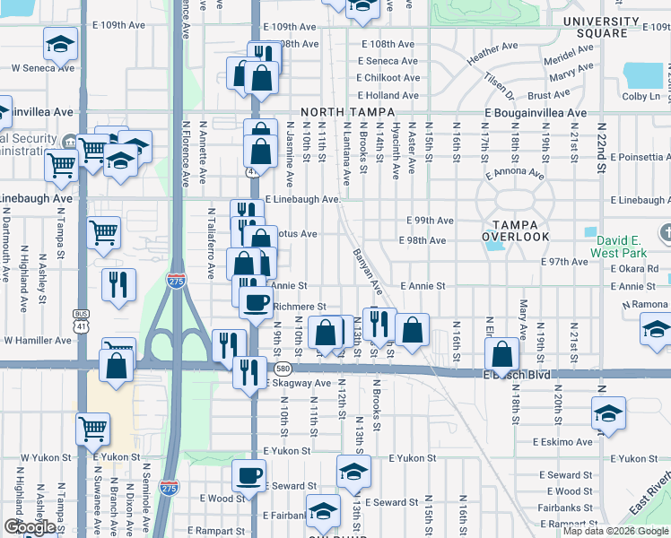 map of restaurants, bars, coffee shops, grocery stores, and more near 1106 East Annie Street in Tampa