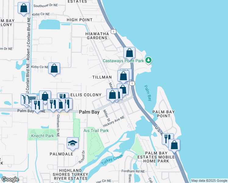 map of restaurants, bars, coffee shops, grocery stores, and more near 1575 Main Street Northeast in Palm Bay