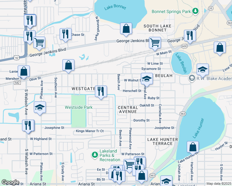 map of restaurants, bars, coffee shops, grocery stores, and more near 706 Chaparral Drive in Lakeland
