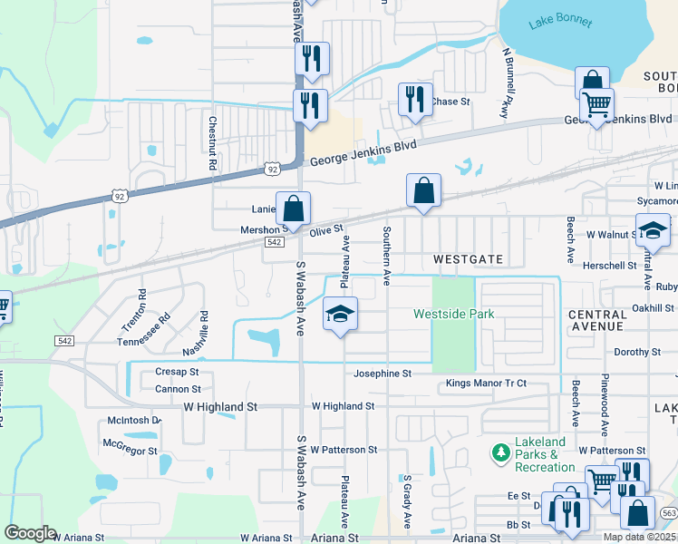 map of restaurants, bars, coffee shops, grocery stores, and more near 2026 Wayman Street in Lakeland