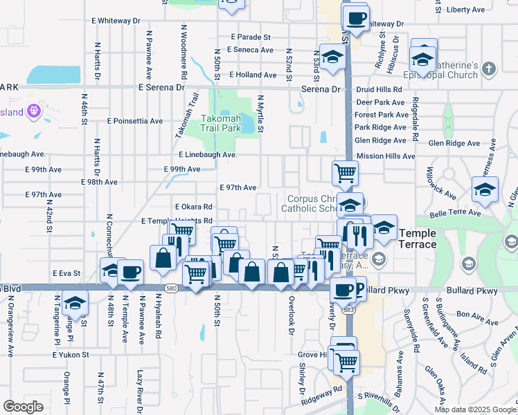 map of restaurants, bars, coffee shops, grocery stores, and more near 5116 Tennis Court Circle in Tampa