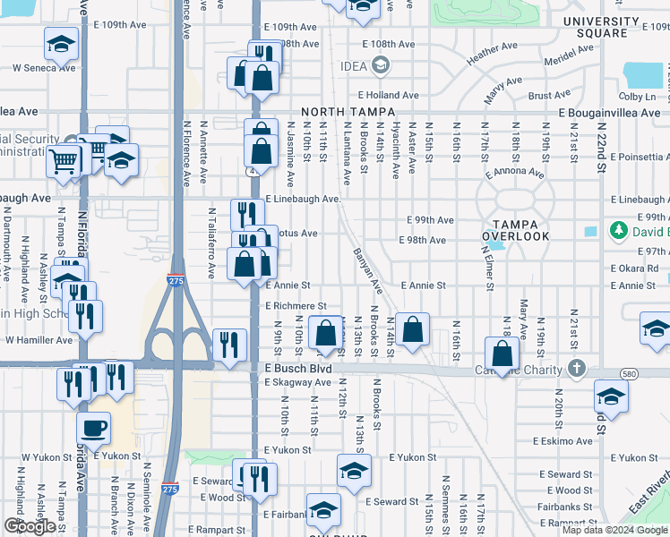 map of restaurants, bars, coffee shops, grocery stores, and more near 1106 East Annie Street in Tampa