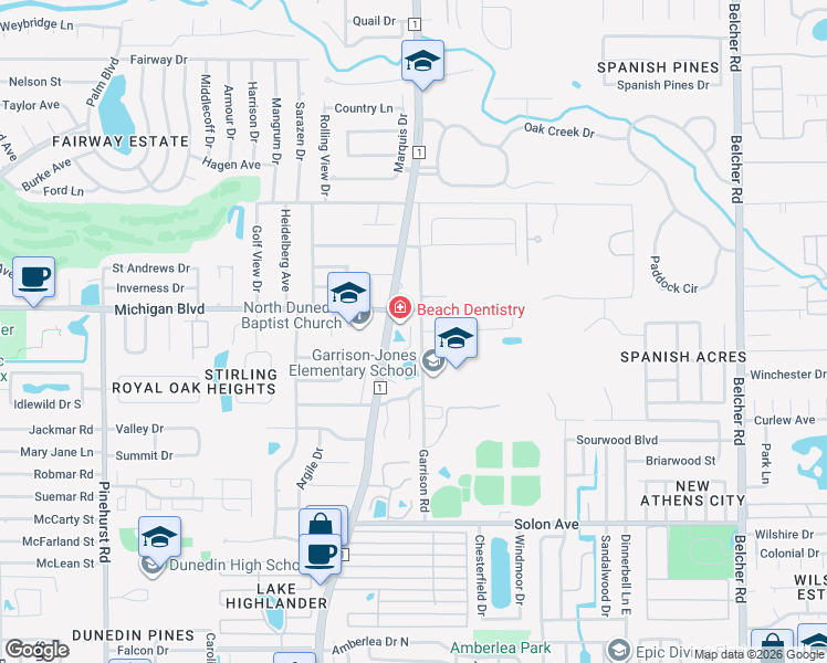 map of restaurants, bars, coffee shops, grocery stores, and more near 2085 Hunters Glen Drive in Dunedin
