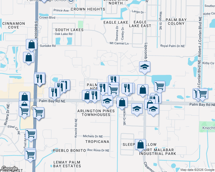 map of restaurants, bars, coffee shops, grocery stores, and more near 2018 Manor Drive Northeast in Palm Bay