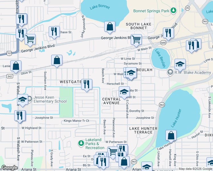map of restaurants, bars, coffee shops, grocery stores, and more near 1331 Oakhill Street in Lakeland