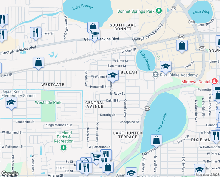 map of restaurants, bars, coffee shops, grocery stores, and more near 621 South Central Avenue in Lakeland