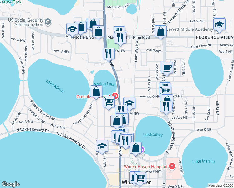 map of restaurants, bars, coffee shops, grocery stores, and more near 1515 6th Street Northwest in Winter Haven