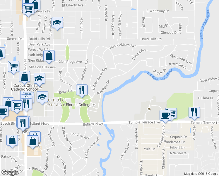 map of restaurants, bars, coffee shops, grocery stores, and more near 919 North Riverhills Drive in Temple Terrace