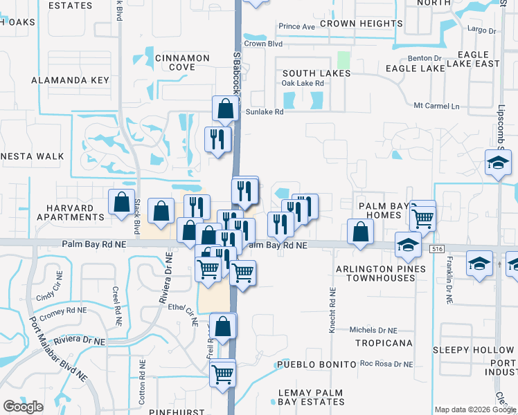 map of restaurants, bars, coffee shops, grocery stores, and more near 1530 Windwood Drive Northeast in Palm Bay