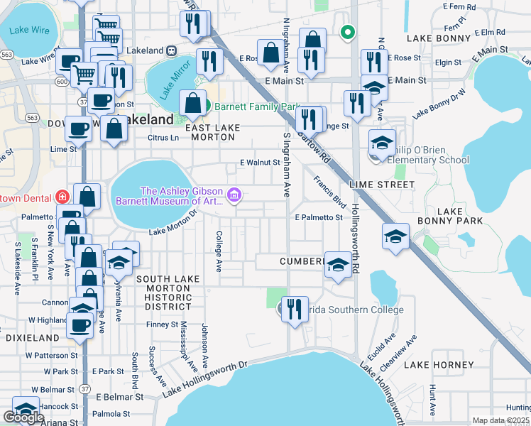 map of restaurants, bars, coffee shops, grocery stores, and more near 712 Winfree Avenue in Lakeland