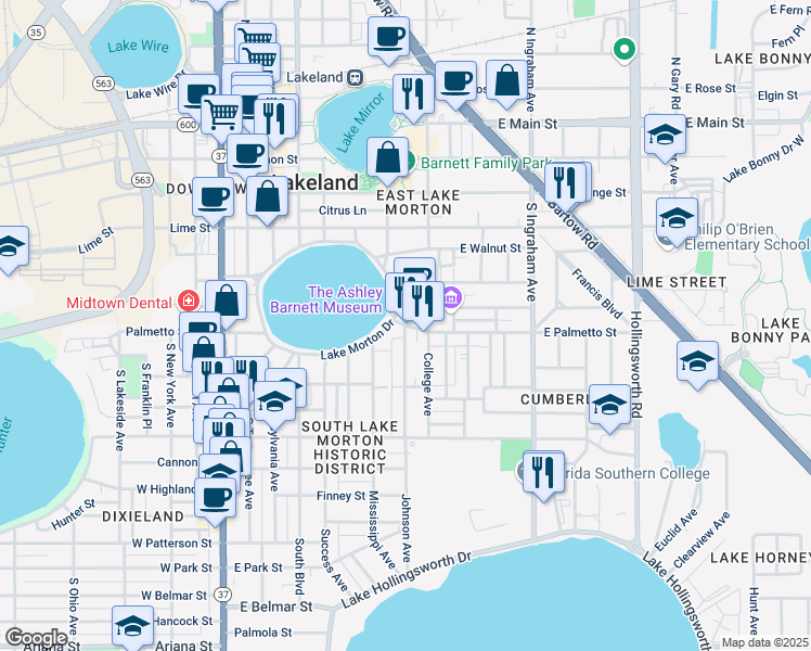 map of restaurants, bars, coffee shops, grocery stores, and more near 718 Johnson Avenue in Lakeland