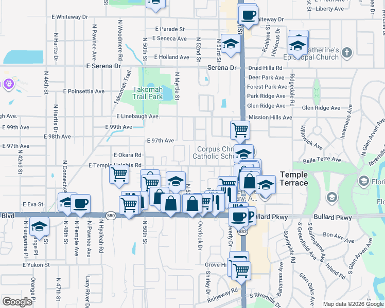 map of restaurants, bars, coffee shops, grocery stores, and more near 5256 Tennis Court Circle in Tampa