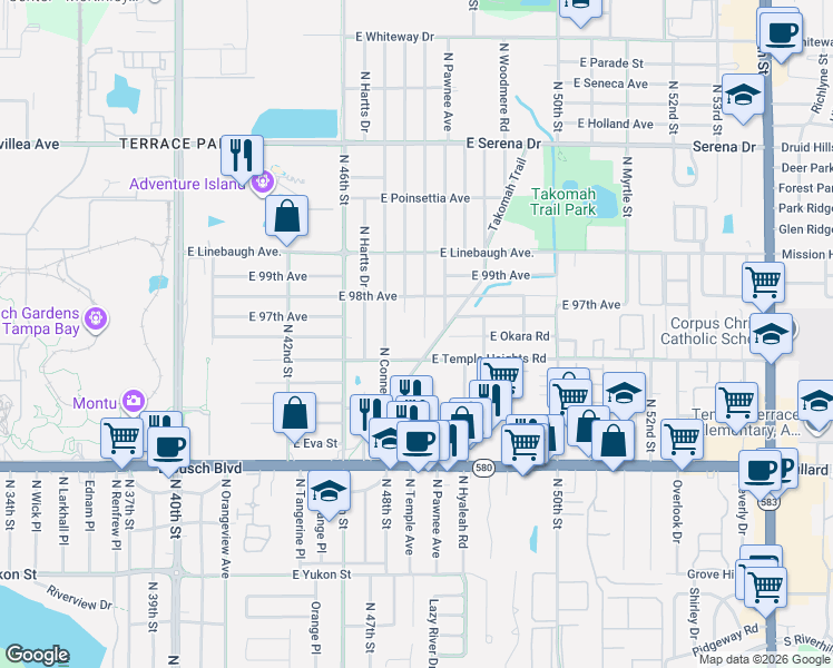 map of restaurants, bars, coffee shops, grocery stores, and more near 4722 East Temple Heights Road in Tampa