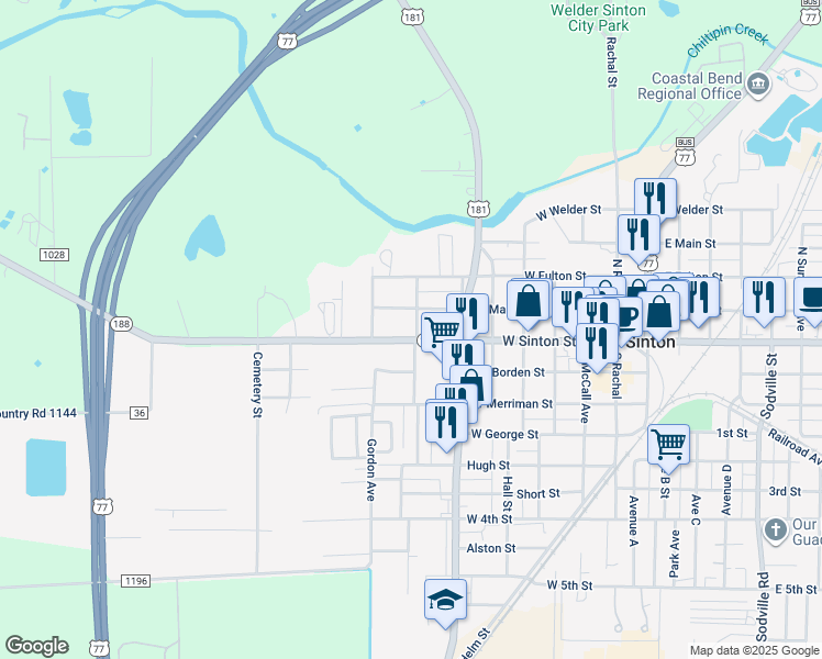 map of restaurants, bars, coffee shops, grocery stores, and more near 627 West Sinton Street in Sinton