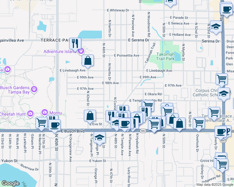 map of restaurants, bars, coffee shops, grocery stores, and more near 9611 North Connechusett Road in Tampa