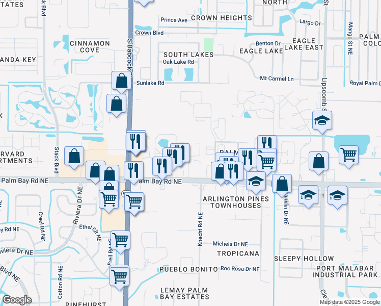 map of restaurants, bars, coffee shops, grocery stores, and more near 1881 Palm Bay Road Northeast in Palm Bay