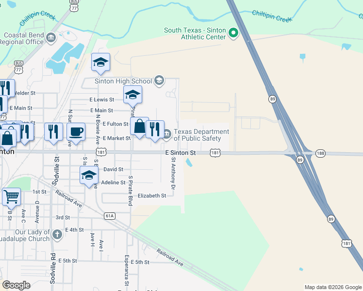 map of restaurants, bars, coffee shops, grocery stores, and more near 1201 East Sinton Street in Sinton