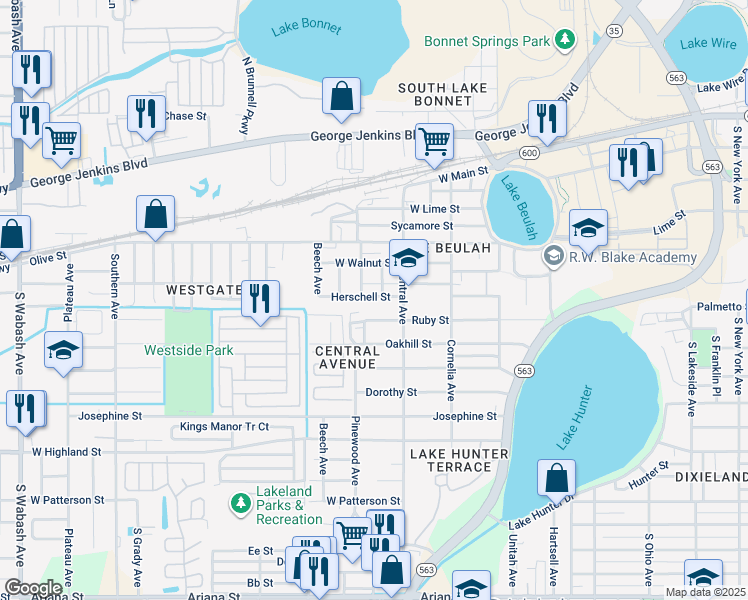map of restaurants, bars, coffee shops, grocery stores, and more near 1236 Herschell Street in Lakeland