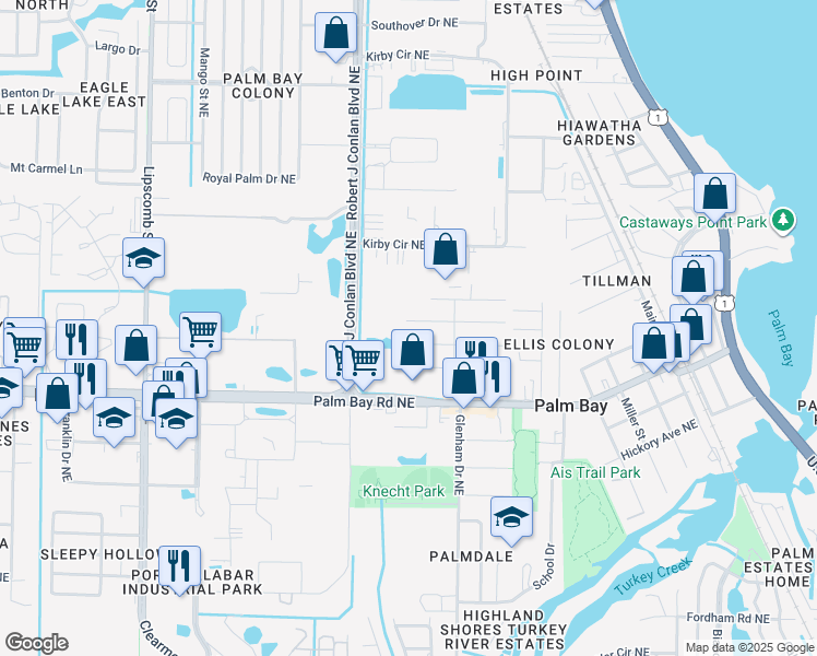map of restaurants, bars, coffee shops, grocery stores, and more near 2516 2nd Avenue Northeast in Palm Bay